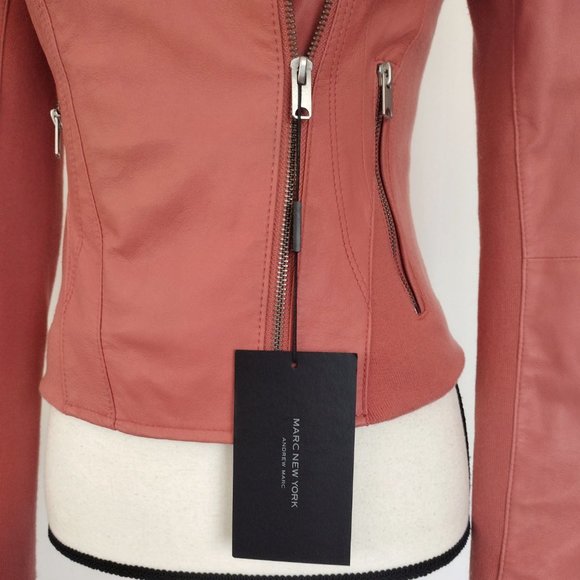 Marc New York Coral Pink Felix Knit Panel Moto Leather Jacket - Picture 10 of 16
